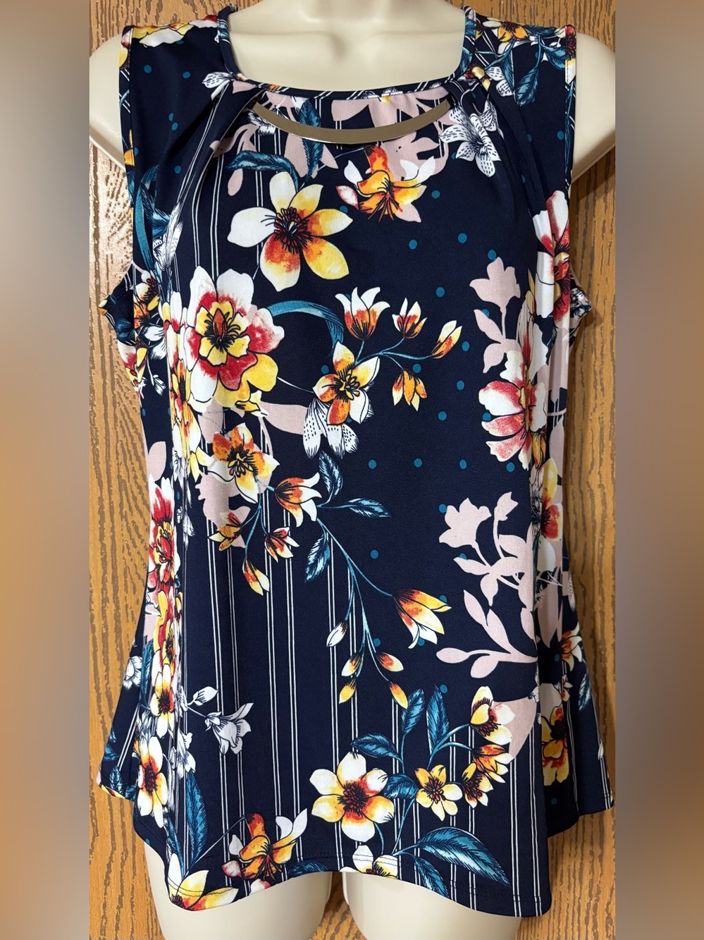 Notations Navy Floral Sleeveless Tank with Yellow & Pink Accents
